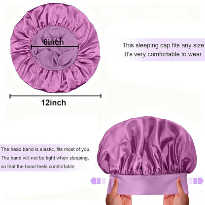 4Pcs Silk Satin Bonnets for Sleeping - Elastic Wide Band Wrap for Black Women Men,Silk Bonnets for Curly Hair,Large Hair Cap for Sleeping (Black+Wine Red+Purple+Brown)