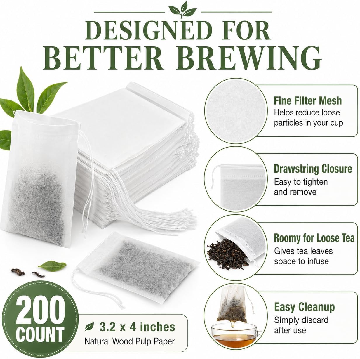 MAQIHAN Empty Tea Bags For Loose Tea - 300 Pcs Disposable Tea Filter Bags White Natural Biodegradable Bulk Fillable Empty Tea Bags With String Empty Tea Filter Bag For Tea Coffee Spice Cooking
