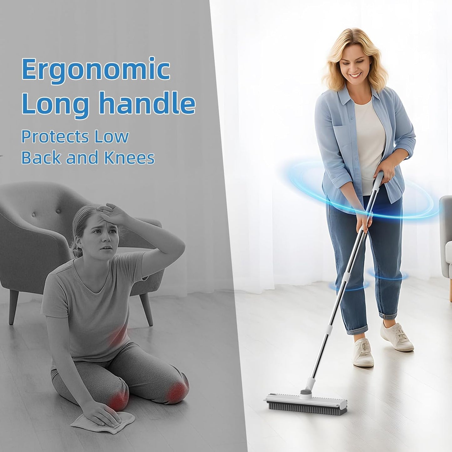 Scrub Brush with Long Handle, Floor Scrub Brush Squeegee Broom for Cleaning, 3 in 1 Shower Scrubber Floor Broom Squeegee for Concrete Tile Wall Deck Patio Grey