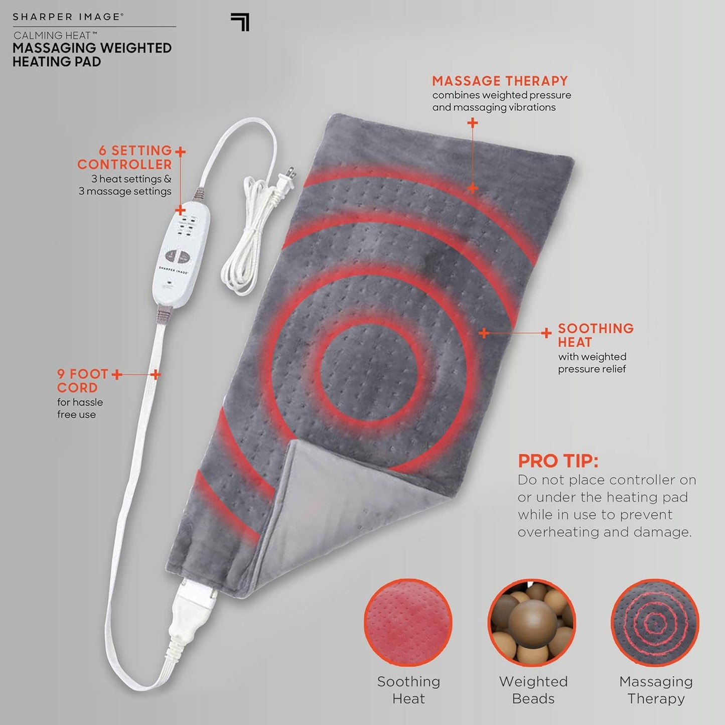 Calming Heat Massaging Vibrations Weighted Heating Pad by Sharper Image | Temperature Settings, Auto Shut-Off Feature, Gift for Holidays, Women & Men | 3 Heat, 6 Massage, 12” x 24”, 4 lbs