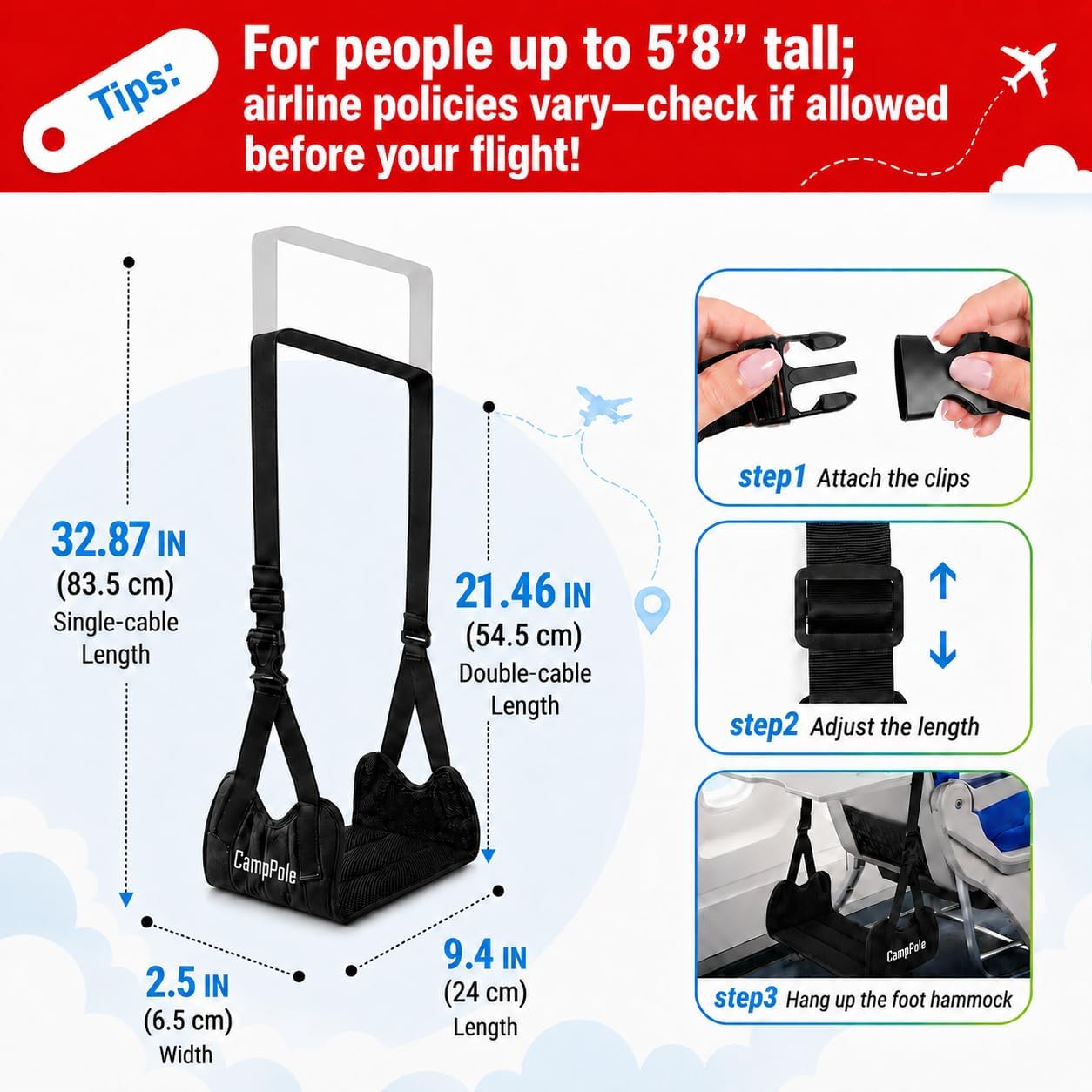 1 Pack Airplane Foot Hammock, No-Collapse Foot Hammock for Plane Travel, Thickened Bamboo Airplane Foot Rest, Adjustable Footrest for Office, Long Flight
