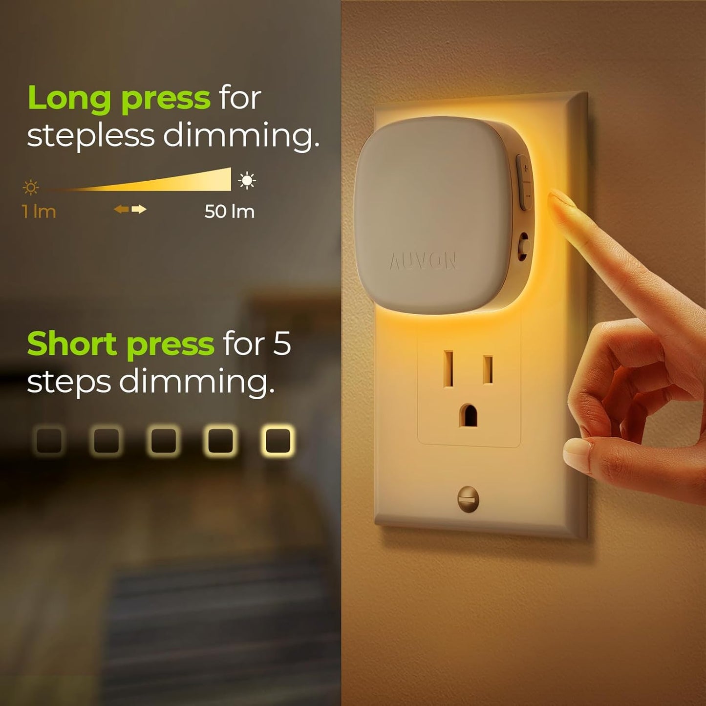 AUVON 4 X Plug-in LED Backlit Night Light with Motion & Dusk to Dawn Sensor | 2200K Soft Warm White Nightlight with 1-50lm Dimmable Brightness for Adults & Kids' Bedroom, Bathroom, Hallway
