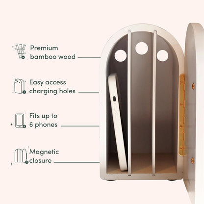 Papaya The Phone Box, Decorative Cell Phone Box for Family Time, Holds 6 Phones, Premium Bamboo Wood Phone Jail, Charging Holes, Free App