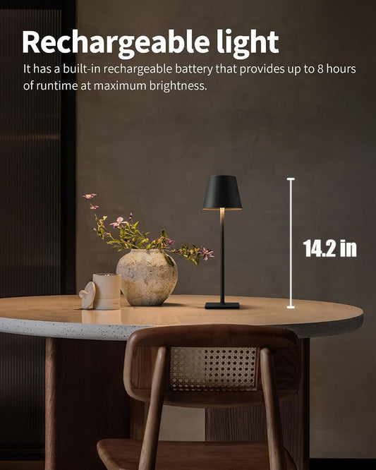 KDG 2 Pack Cordless Table Lamp, Portable LED Desk Lamps, 5000mAh Battery Operated, 3 Color Stepless Dimming Up, for Restaurant, Bedroom, Outdoor Camping, Coffee Shop, Night Light, Rechargeable (Black)