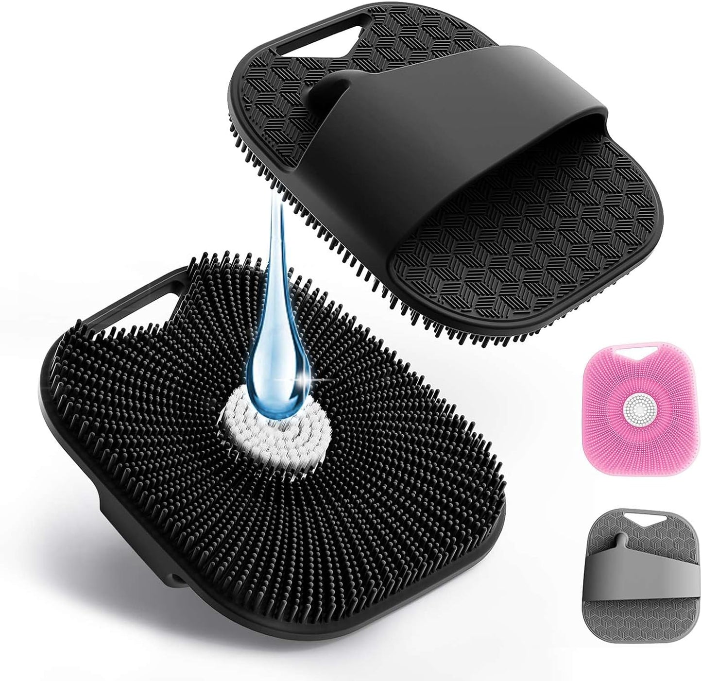 Silicone Body Scrubber for Men Women, Friendly Shower Body Scrubber for Sensitive Skin, Silicone Loofahfor Showering with Richer Foam Bristles and Anti-Slippery Handle, Gray