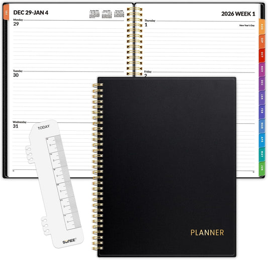 SUNEE Academic Planner 2026-2027 – Weekly & Monthly Planner, July 2026 to June 2027, 6.4"x8.3", Thick Paper, Tabs, Pockets, Bookmark, Spiral-Bound, Student Teacher Organizer, Black