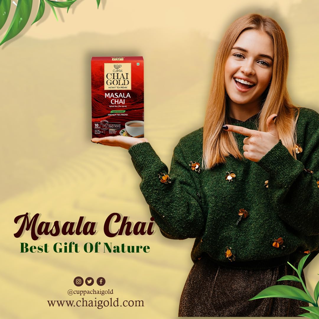Cuppa Chai Gold Instant Masala Chai Latte Mix, Sweetened with Cane Sugar, Authentic Indian Spiced Tea, 10 Single-Serve Packets, Gluten Free, No Preservatives