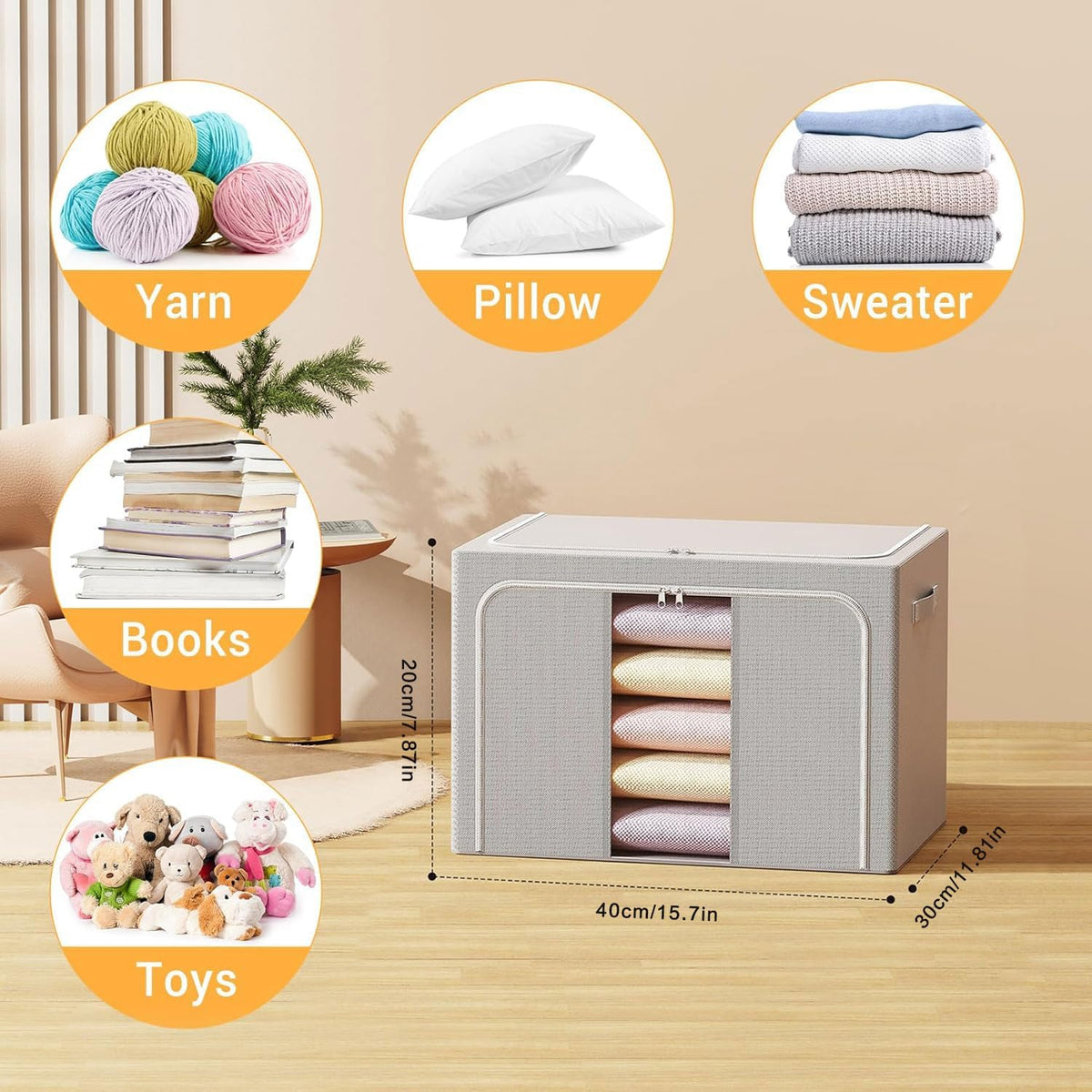 Clothes Storage Bins with Metal Frame Foldable Storage Box Clothes Organizers Storage Containers for Clothes Sheets Blankets Books Toys Gifts and Holiday Decorations (66Lx3 Pack)