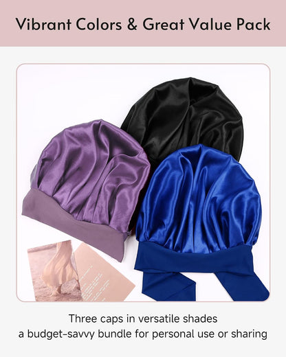 Yanideer 3 pcs Adjustable Satin Bonnets for Sleeping Double Layer Satin Lined Hair Bonnet with Tie Band for Women Curly Hair