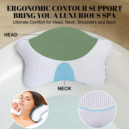 Non Slip Bath Pillow, Luxury Spa Bathtub Head & Neck Rest Support, Permeable Quick Drying Air Mesh Tub Pillow with 4 Large Suction Cups, Fits Any Tubs, Soft and Relaxing (White)