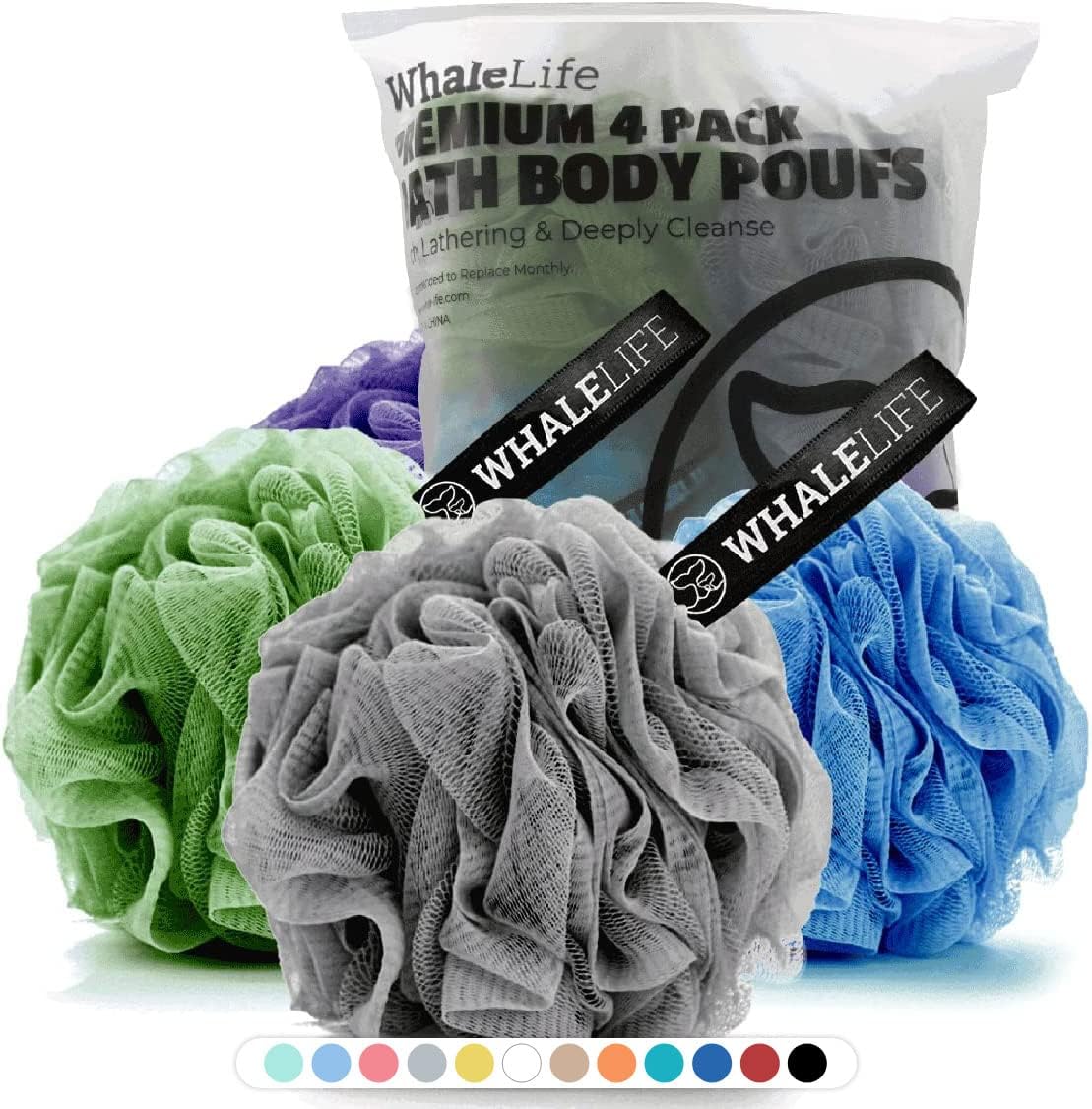 WhaleLife Loofah Bath Sponges - Black Gentle Exfoliating Shower Loofah for Rich Lather, Durable Mesh Body Scrubber for Men & Women 4 Pack