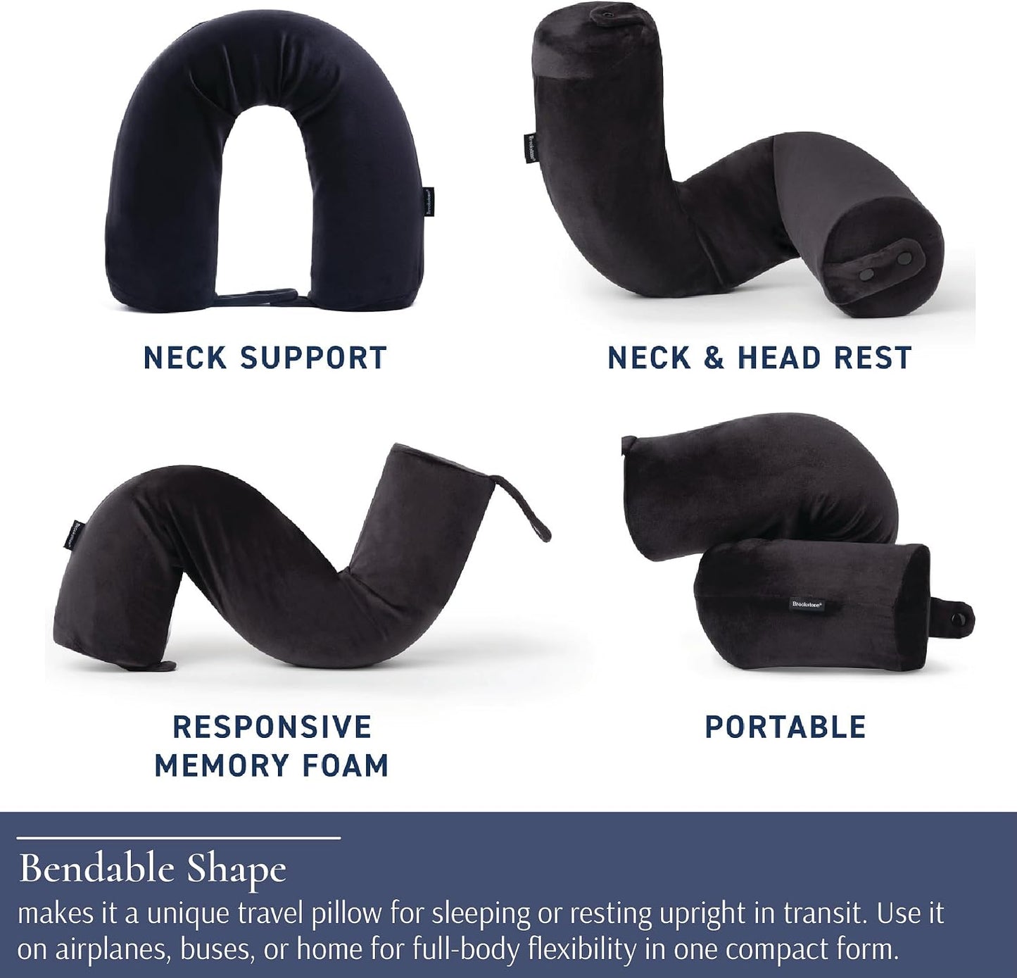 Brookstone Free Form Travel Pillow - Lightweight Flexible Memory Foam Travel Neck Pillow for Sleeping, Car, Airplane & Travel Support, Blue