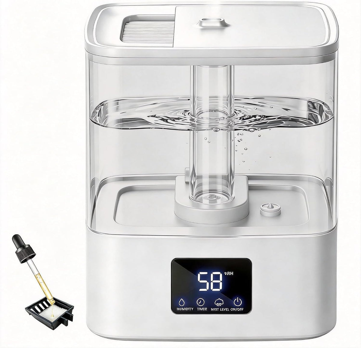 KZF 4L Top Fill Humidifiers for Bedroom & 40H Runtime - Cool Mist Humidifier, 3 Mist Levels, 8H Timer, Essential Oil Tray, Humidity Display, Quiet for Baby, Plants, Large Room (Black, 4, Liters)