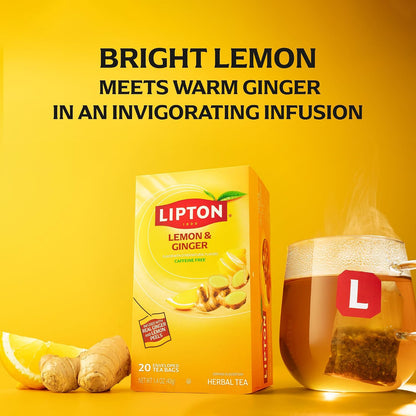 Lipton Lemon Ginger Tea Bags, caffeine free Tea, Refresh Fruit and Herbal Tea, Individually Wrapped, 20 Tea Bags