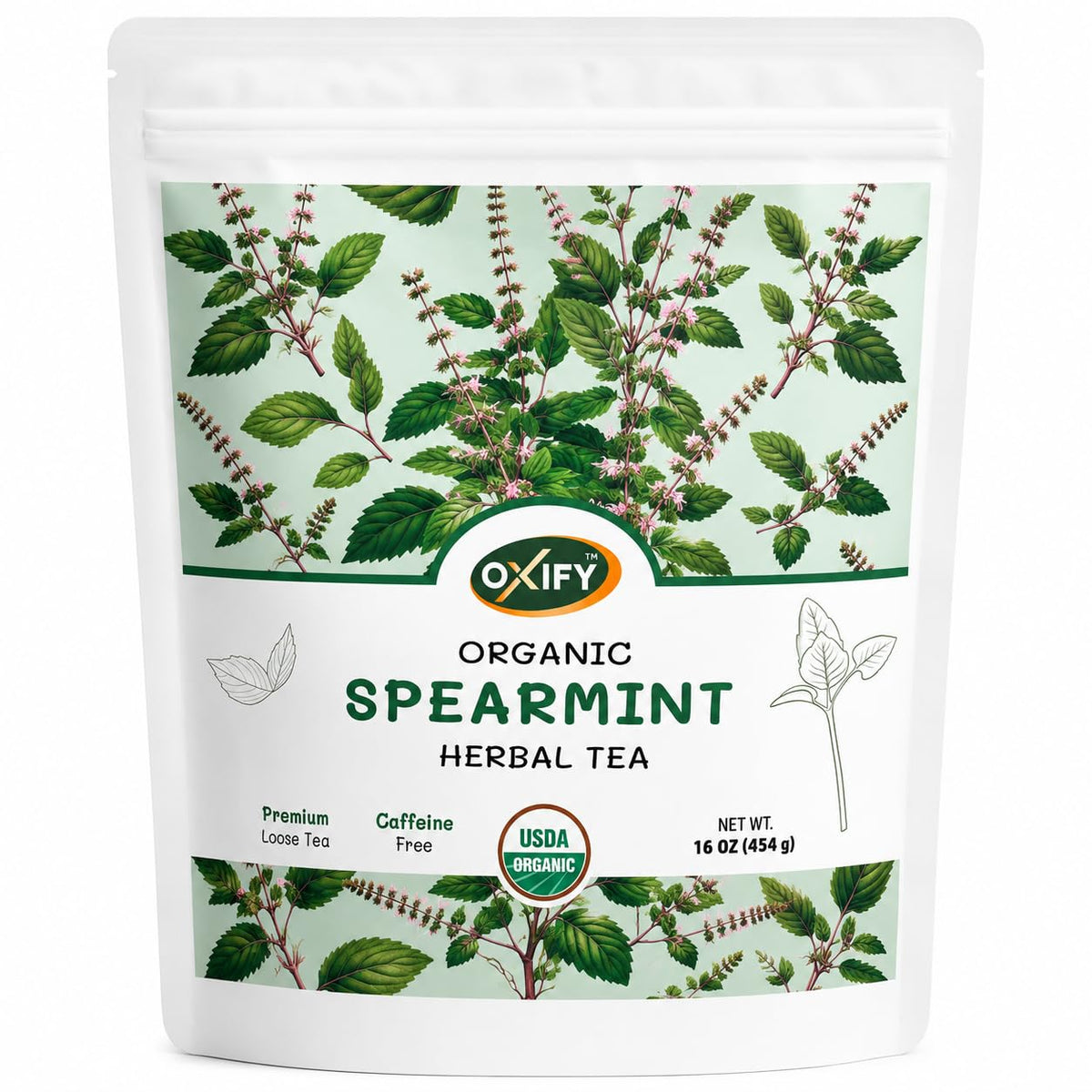 Oxify USDA Organic Spearmint Loose Leaf Tea, Caffeine Free, 16 oz