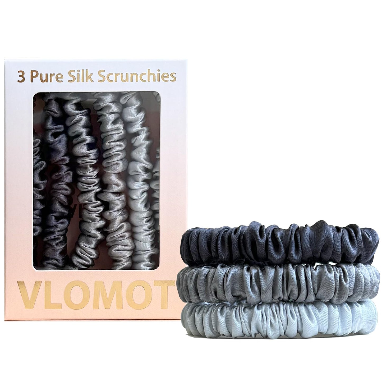 VLOMOT 3 Pcs Set 100% Pure Mulberry Silk Hair Scrunchies Hair Ties with 3 Chic Colors Everyday Skinny Scrunchies Silk Ponytail Holders Hair Care No Damage (Blue)