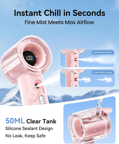 KIMMOO Portable Misting Fan, USB Rechargable Handheld Fan with Water Spray Mist, Up to 13 Hrs Cooling, 25000PRM, 100 Speeds, 50ml Water Tank, Personal Turbo Fan for Travel/Makeup/Office/Outdoor, Black