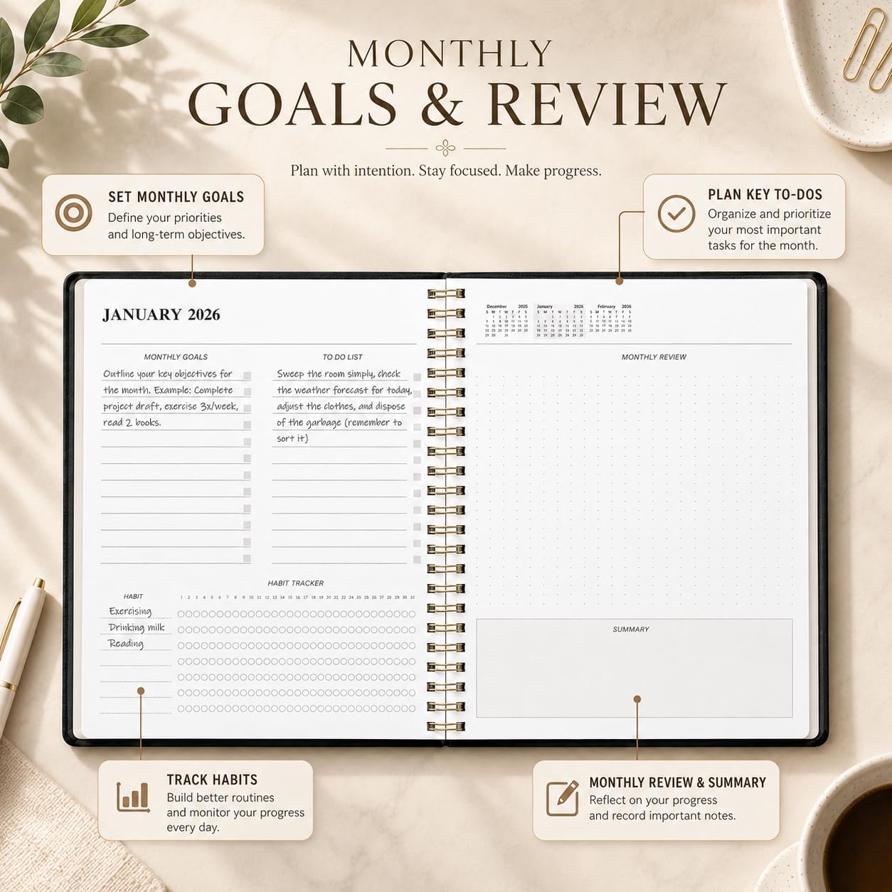 KMQOY Monthly Planner 2026-2027, 2026 Calendar 24 Months Planner, Jan 2026 - Dec 2027, 7.5"x10", Personal Calendar with Monthly Goals, To-Do List, Habit Tracker, 2 years for School Office Home Planning(Black)