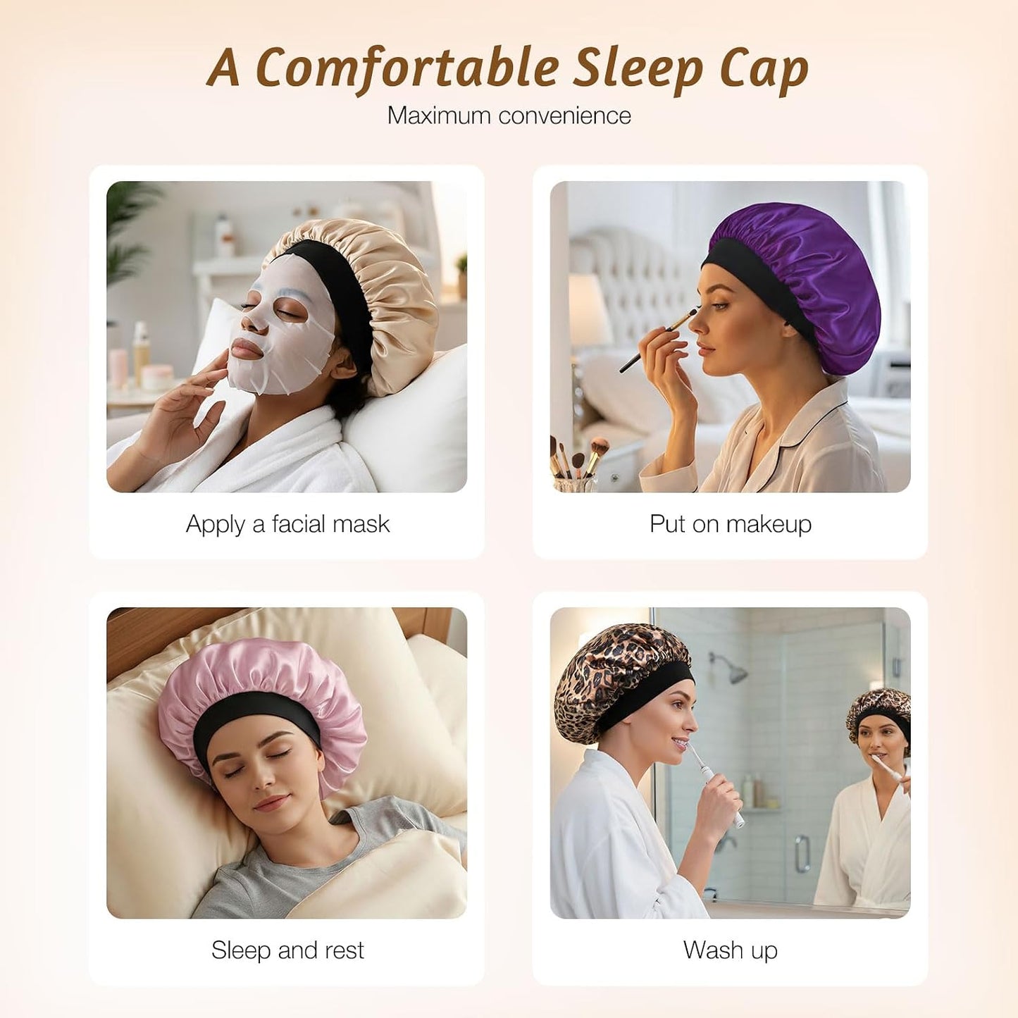 Silk Bonnet for Sleeping Double Layer Satin Bonnet Adjustable Bonnets for Black Women Sleep Cap Reversible Hair Bonnet for Curly Hair (Black and Purple)