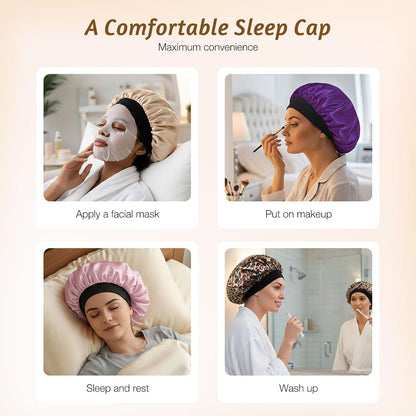 Silk Bonnet for Sleeping Double Layer Satin Bonnet Adjustable Bonnets for Black Women Sleep Cap Reversible Hair Bonnet for Curly Hair (Black and Purple)