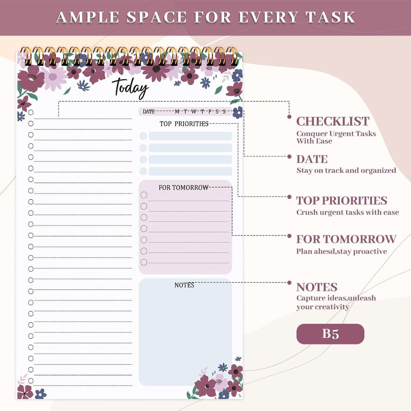 to Do List Notepad, Undated Daily Planner, 120 Pages, 6.7 x 9.8 in | 100 GSM FSC Paper, Plastic Cover, Spiral Bound, Tear-Off Pages, Task Checklist Layout For Home Office School Supplies