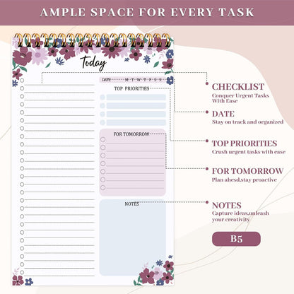 to Do List Notepad, Undated Daily Planner, 120 Pages, 6.7 x 9.8 in | 100 GSM FSC Paper, Plastic Cover, Spiral Bound, Tear-Off Pages, Task Checklist Layout For Home Office School Supplies
