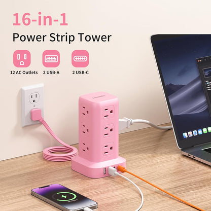 Extension Cord with Multiple Outlets, SMALLRT Power Strip Tower, Outlet Extender with 12 AC Outlets 4 USB, 6.5FT Extension Cord for Home Dorm Room, Office Supplies,Overload Protection