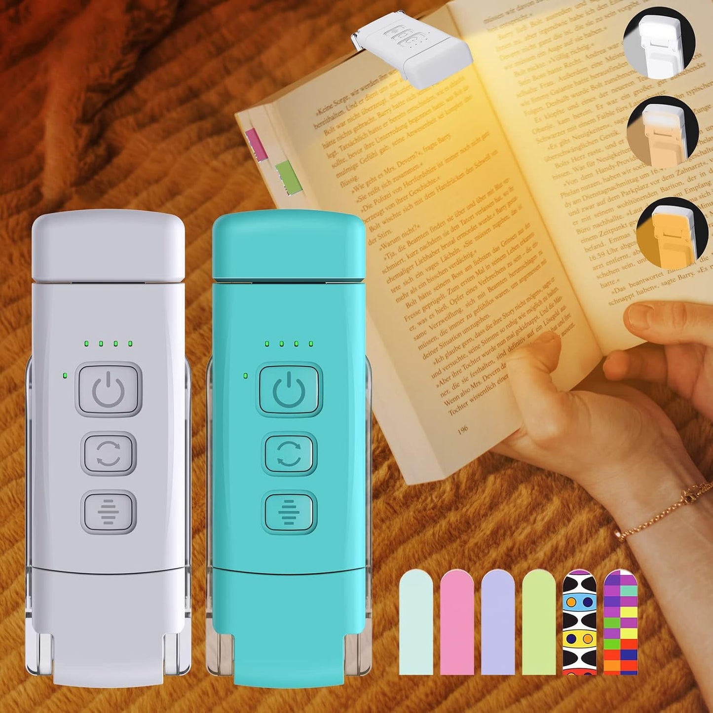 2-Pack Book Lights for Reading at Night, USB Rechargeable Book Light for Reading in Bed, Portable Clip-on LED Reading Light, 30/60-min Timer, 3 Amber colors, 5 Brightness Dimmable, 6 Bookmarks, Kids