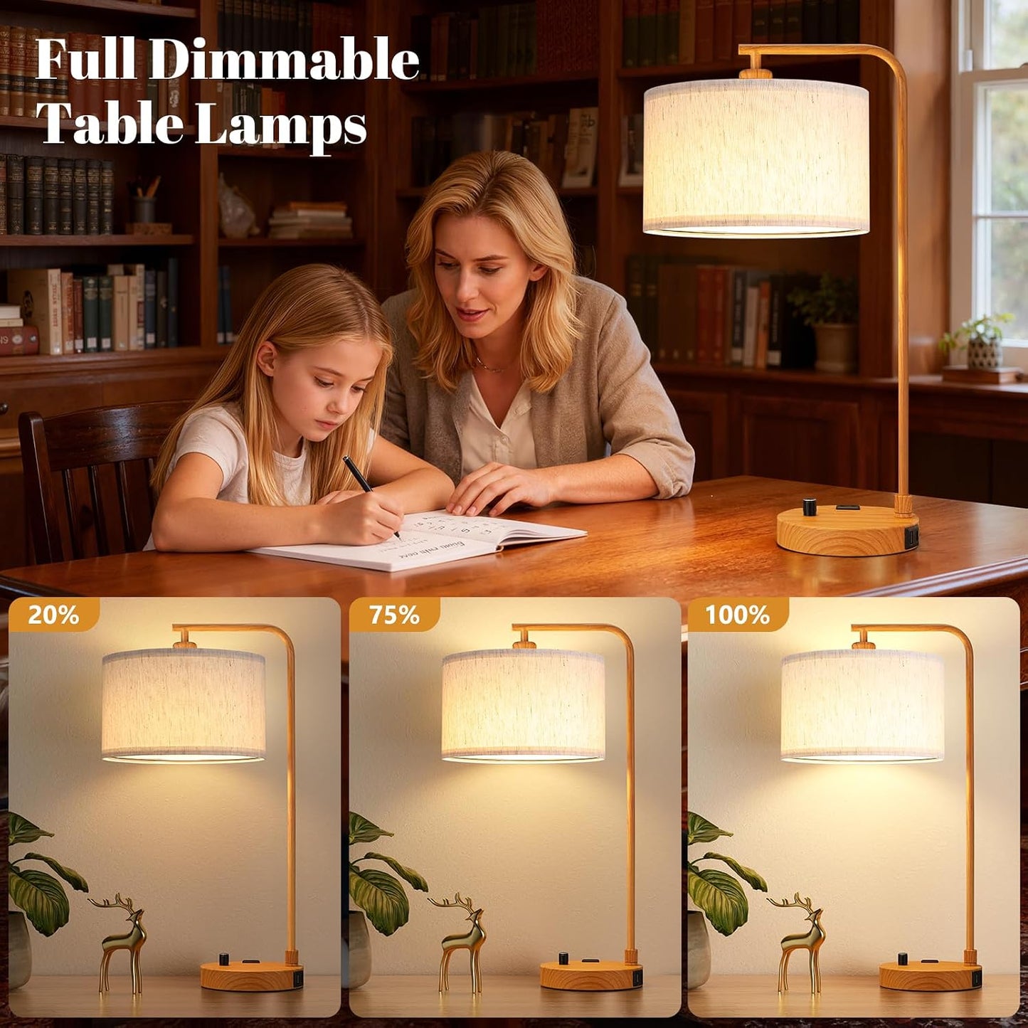Innqoo Bedside Table Lamps for Bedroom Set of 2-Dimmable Nightstand Lamps with USB Port and Outlet,Modern Gold Lamps with Linen Shade,Tall Desk Lamps for Home Office Bedroom Living Room End Table