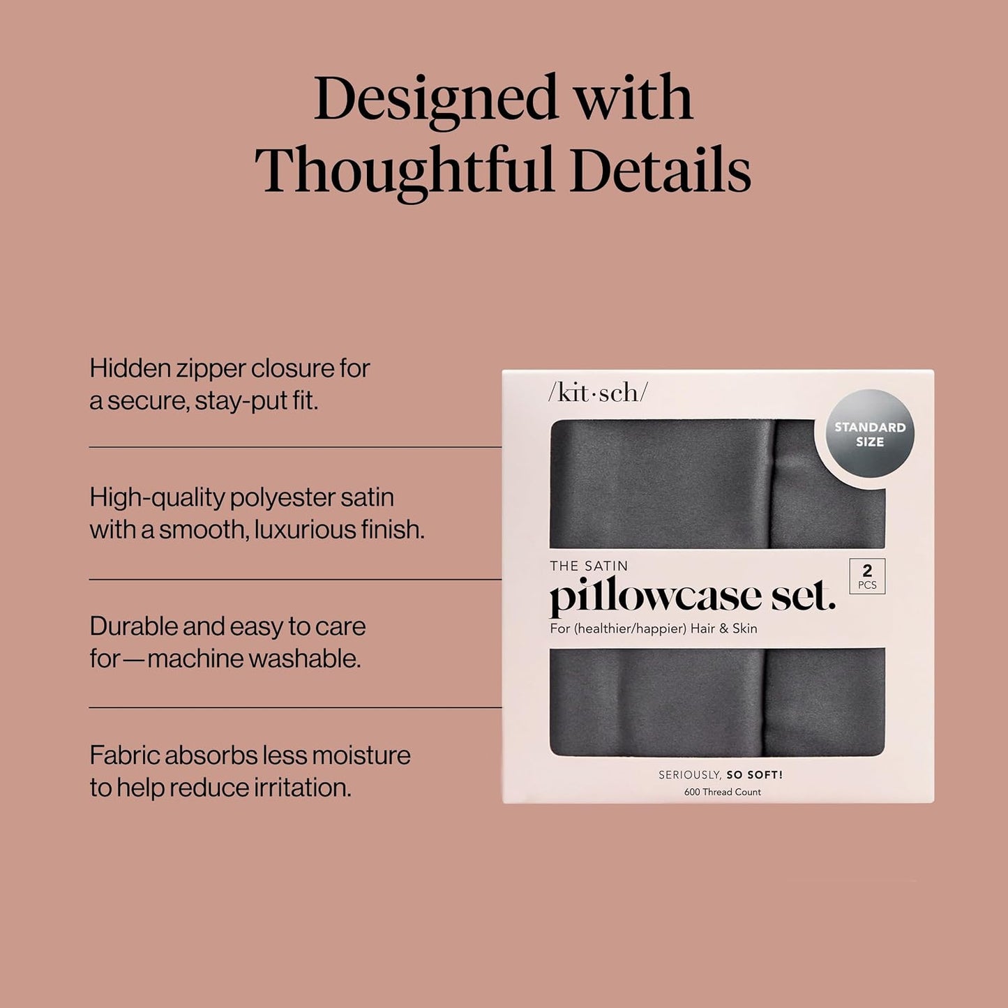 Kitsch Satin Pillowcase with Zipper for Hair & Skin - Softer Than Silk Pillow Cases, Smooth Cooling Satin Pillow Case, Wrinkle-Free, Machine Washable - Pillow Cases Standard Size (19x26) - Blush