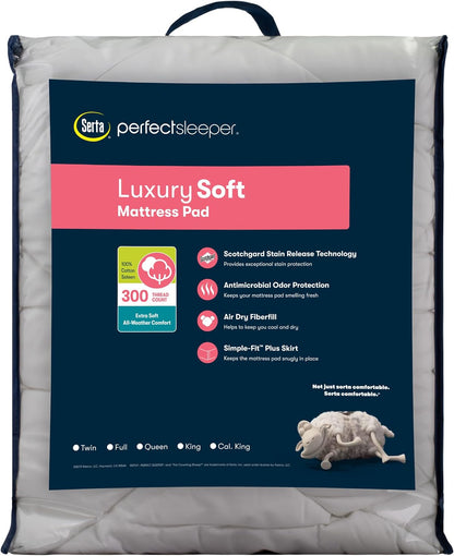Serta Luxury Firm 100% Cotton Quilted Mattress Pad with Cooling Fiber Fill, King, White