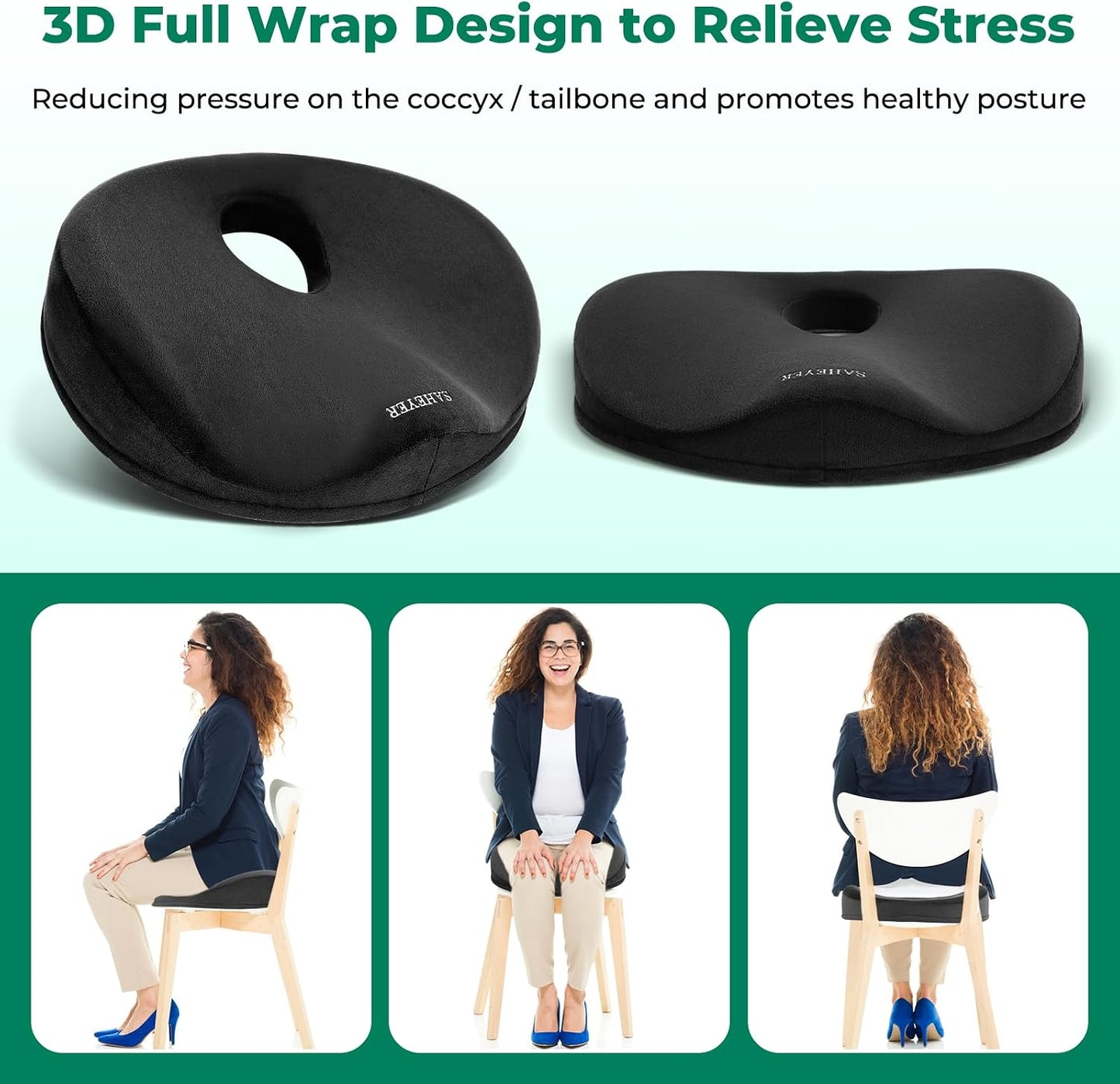 SAHEYER Donut Pillow for Tailbone Pain, Memory Foam Hemorrhoids Pillow for Sciatica Nerve, Sciatica Hip Coccyx Seat Cushion for Long Sitting Office Workers, Car Drivers, Black