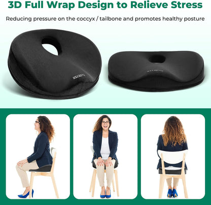 SAHEYER Donut Pillow for Tailbone Pain, Memory Foam Hemorrhoids Pillow for Sciatica Nerve, Sciatica Hip Coccyx Seat Cushion for Long Sitting Office Workers, Car Drivers, Black