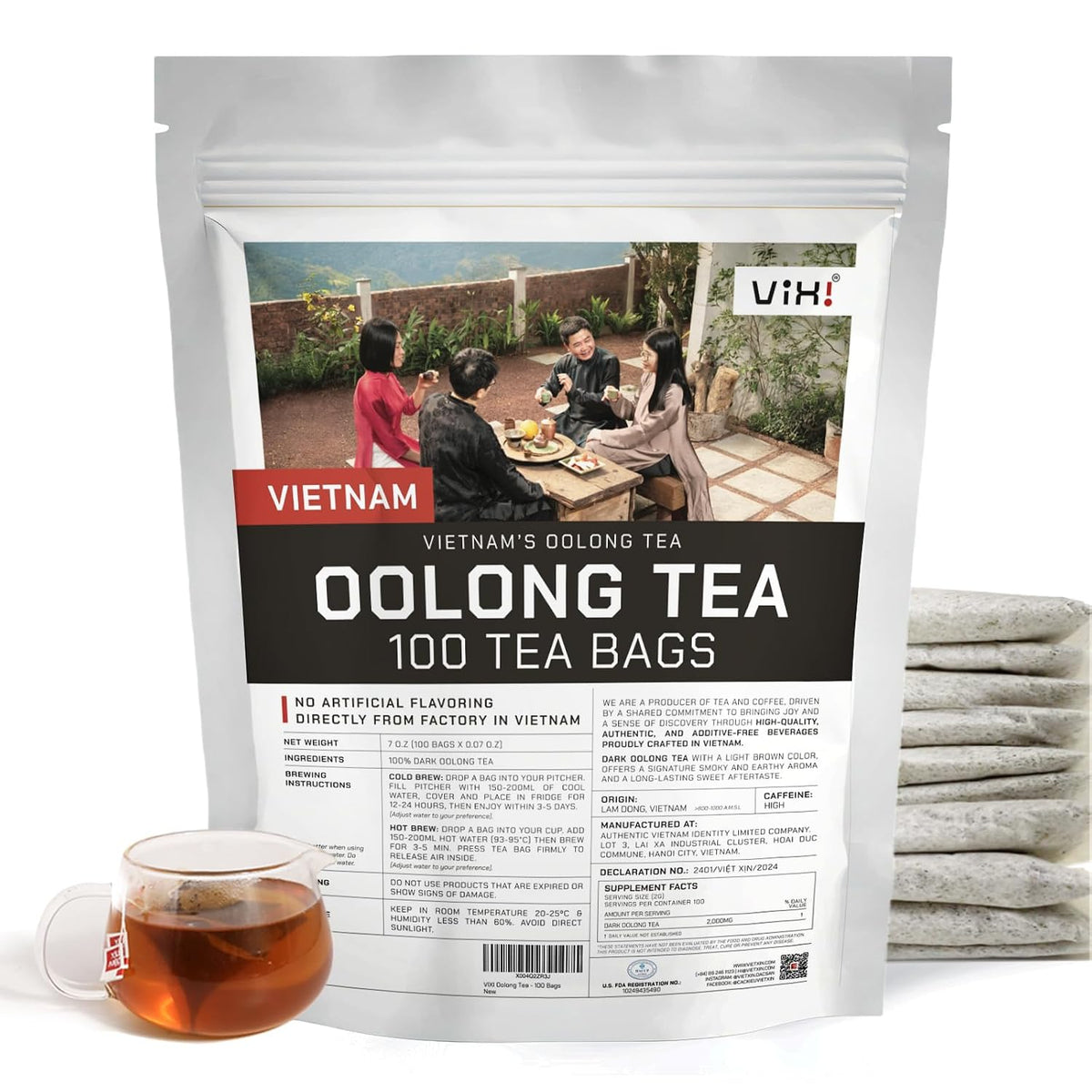 VIXI Oolong Tea Bags, 100 Counts, Vietnam's Mountain Tea, Taste Better than Tee Grown on Farm, 100% Natural from Ancient Tee Tree, Premium Olong Flavor for Hot and Cold Brew