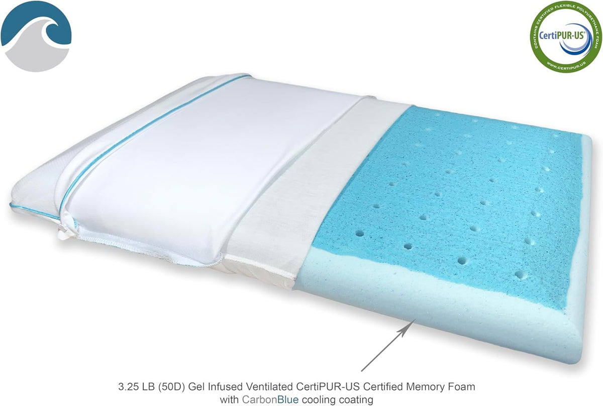 Bluewave Bedding Ultra Slim Max Cool CarbonBlue Gel Memory Foam Pillow for Stomach and Back Sleepers - Thin, Flat Design with Advanced Cooling (2.75-Inch Height, Standard Size)