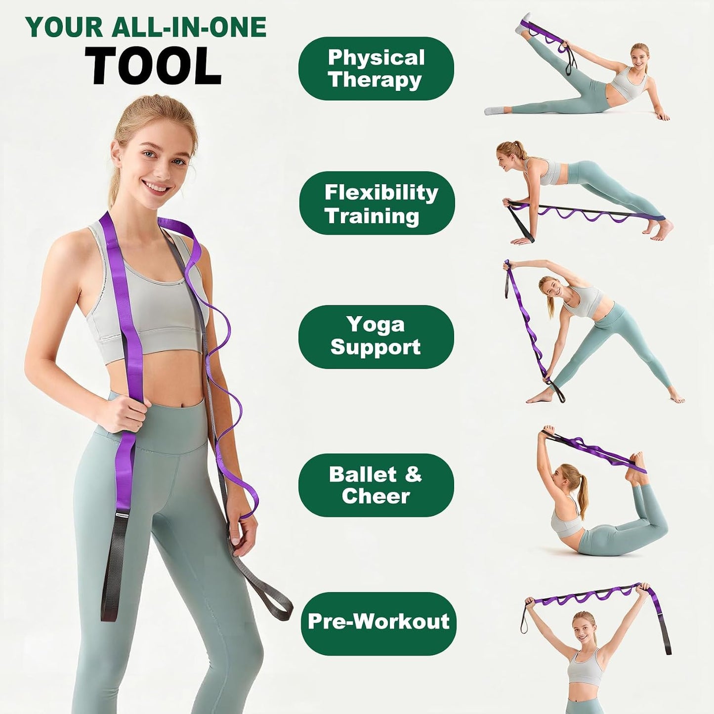 Acozycoo Stretching Strap with Loops,Non-Elastic Yoga Strap for Physical Therapy,Knee Replacement Recovery & Plantar Fasciitis,Leg Stretcher Band for Flexibility & Hamstring Rehab