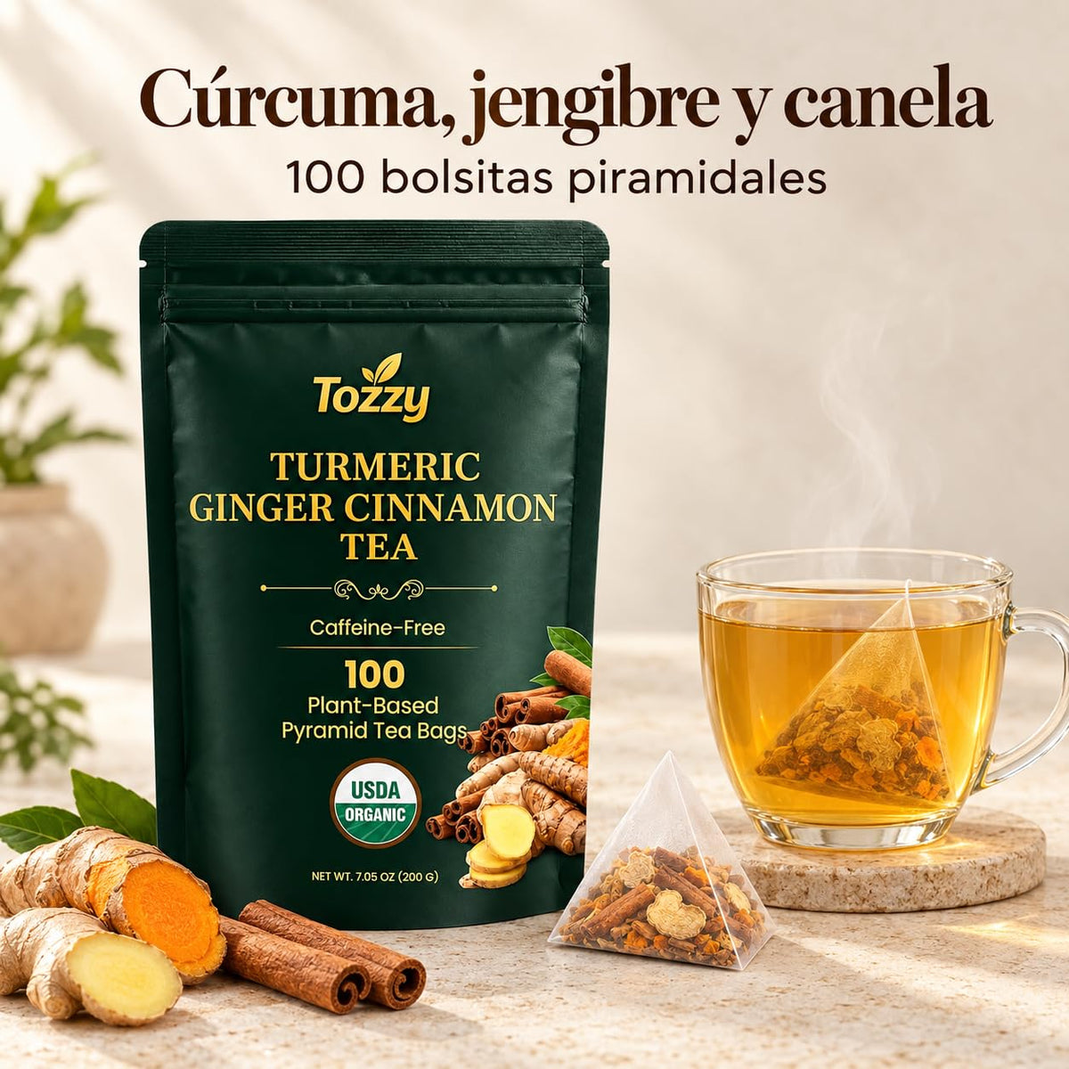 Tozzy Organic Turmeric Ginger Cinnamon Tea, 100 Pyramid Tea Bags