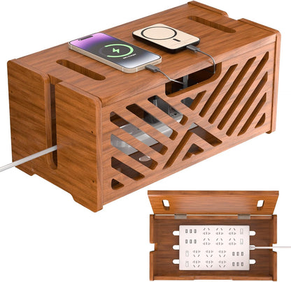 Extra Large Wooden Cable Management Box, 15.35 x 8.98 x 8.27 inches, Cord Hider Box with Cable Slots, Cable Organizer Box to Hide Power Strips, Surge Protector, Extension Cords for Desk & Floor