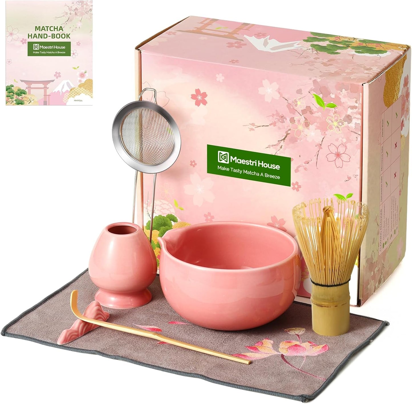 Maestri House Matcha Whisk Set, 7-Pc Complete Matcha Kit with Spouted Ceramic Bowl, Bamboo Whisk and Holder, Scoop, Spoon Rest & Sifter, Tea Cloth – Ideal Gift for Matcha Lovers (Black Stone)