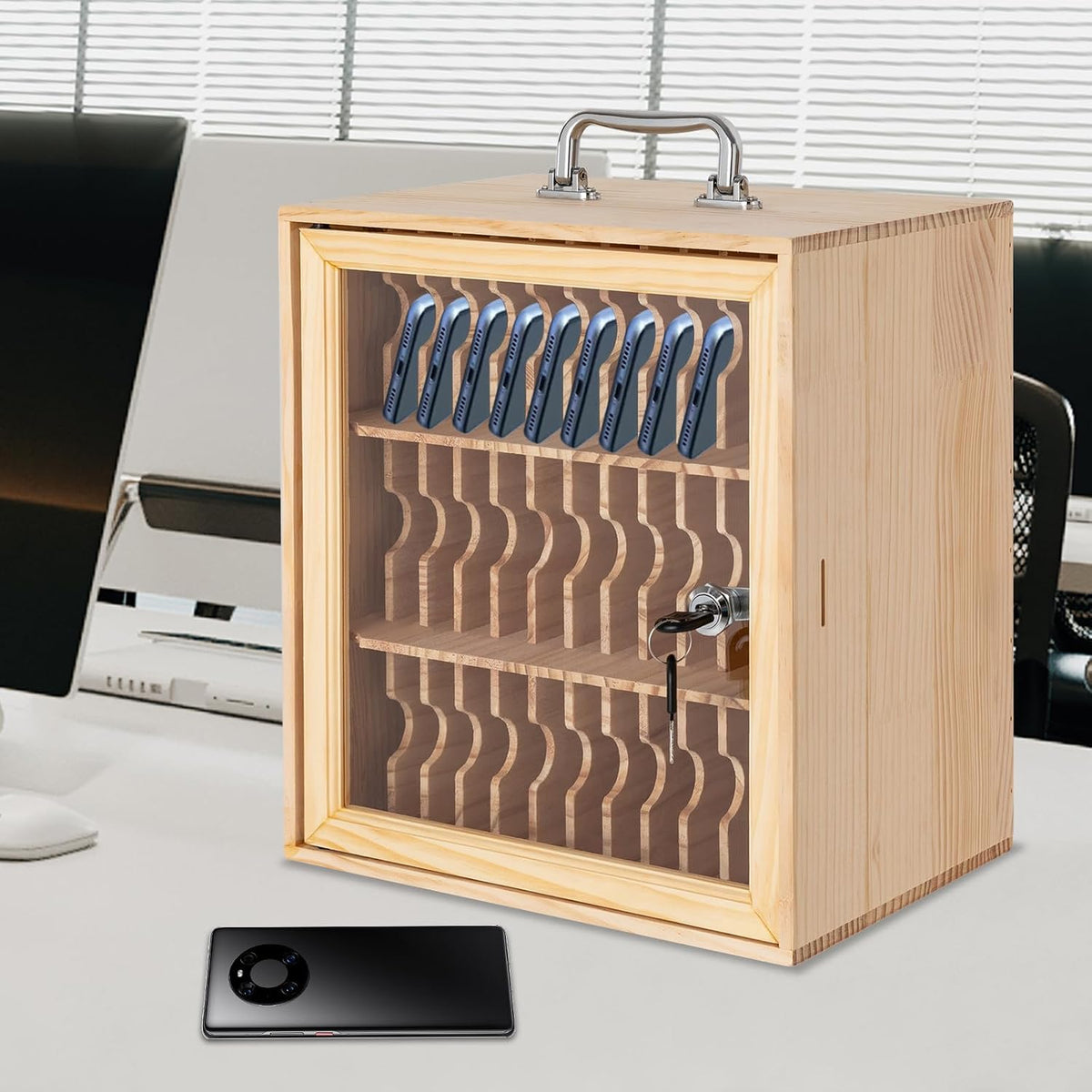 36-Slot Solid Wood Mobile Phone Storage Box, Multi-Slot Lockable Cell Phones Cabinet Wall-Mount& Desktop Phone Holder for School Office