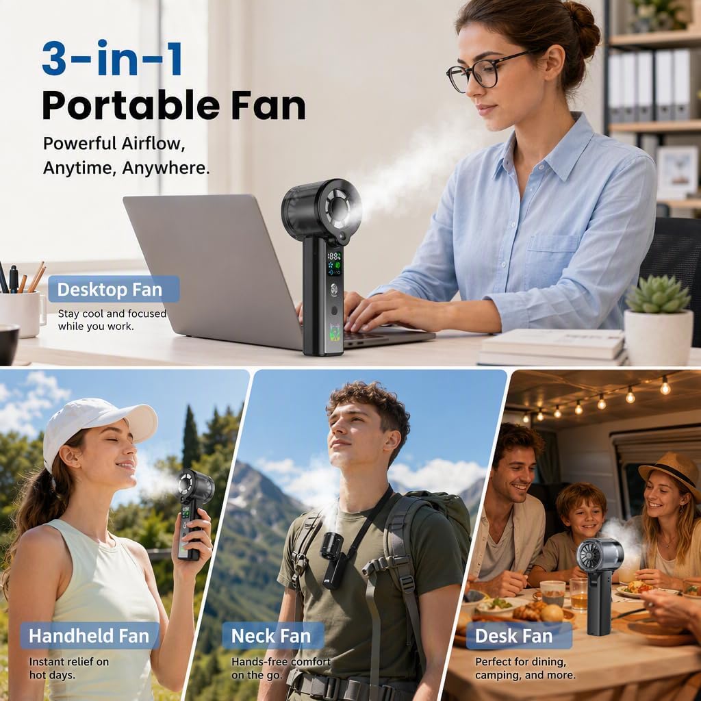 Doge&Vollar Portable Misting Handheld Fan,4‑in‑1 Spray Cooling Turbo Fan,5000mAh Rechargeable,Up to 30H Runtime,100‑Speed Wind,Flashlight SOS Mode,Compact Lightweight,Summer Gifts for Men Women,Black