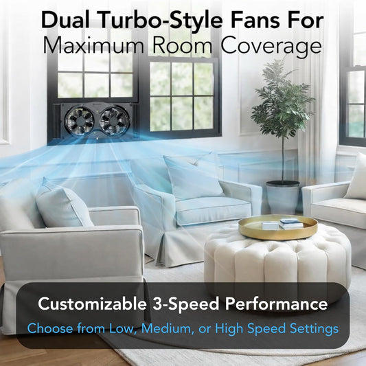 Comfort Zone Twin Window Fan with Reversible Airflow Control, 9 inch, Auto-Locking Expanders, 2 Speed Fan, Dual Fan, Exhaust, Airflow 9.84 ft/sec, Ideal for Home, Kitchen, Bedroom & Office, CZ319WT