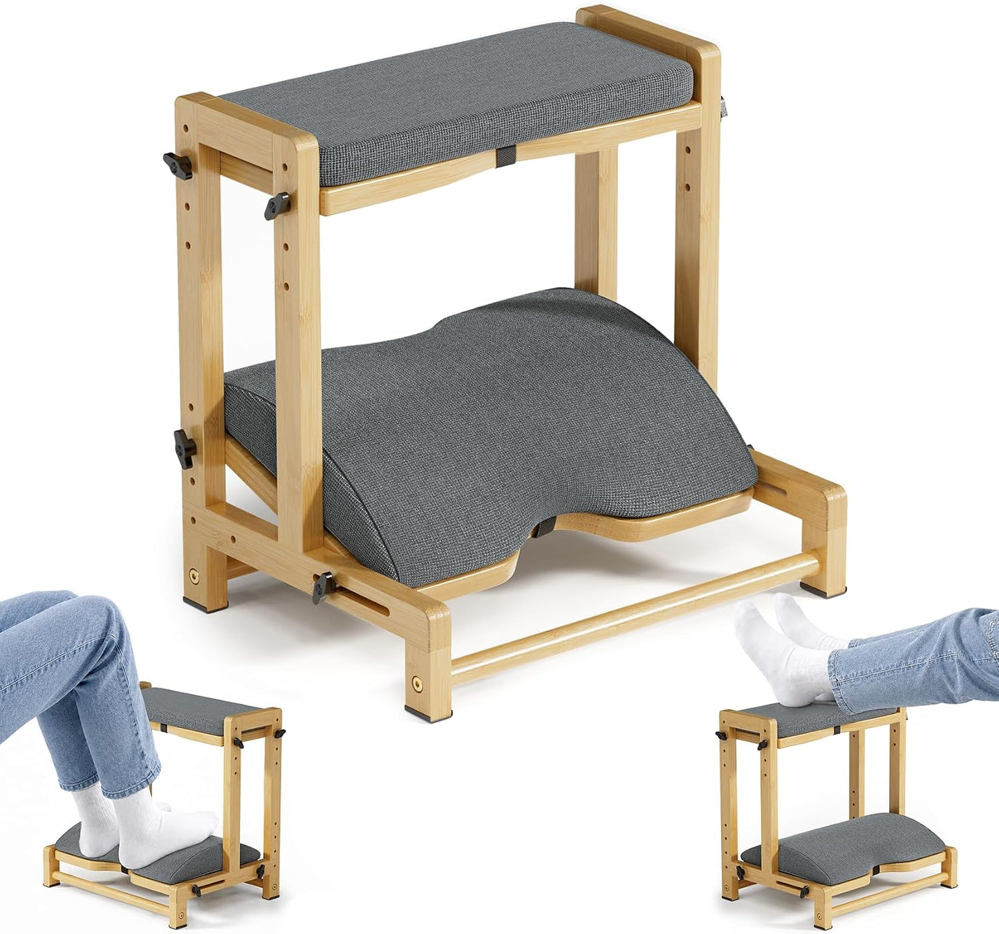 Amazer Bamboo Under Desk Footrest with Cushion 3-in-1, Reversible Ergonomic Wood Rocking Foot Rest for Under Desk at Work, Adjustable Foot Stools with Washable Cover, Desk Leg Rest for Home Office