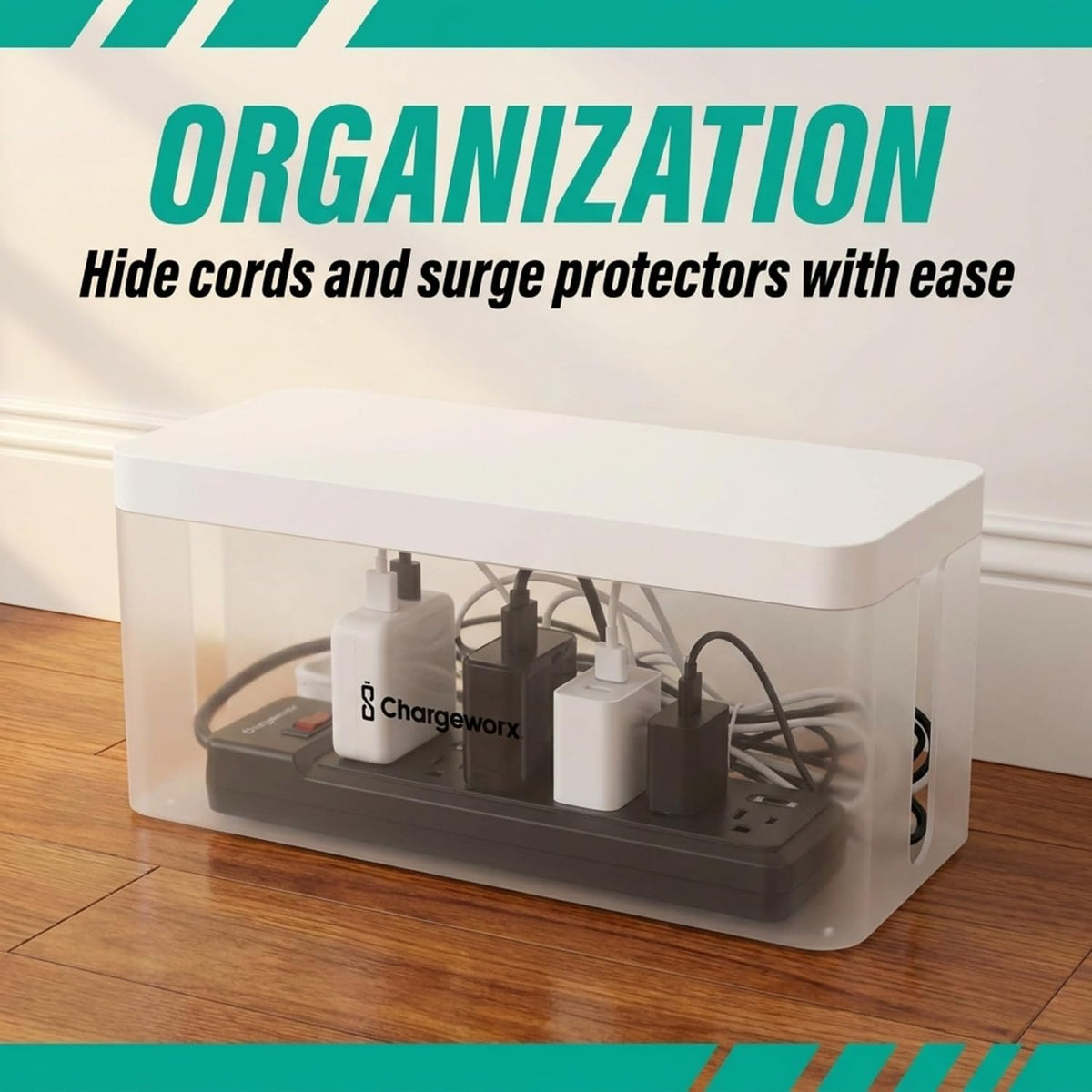 Cable Management Box, Extension Cord Hider, Power Strip Box, White, 2 Pack