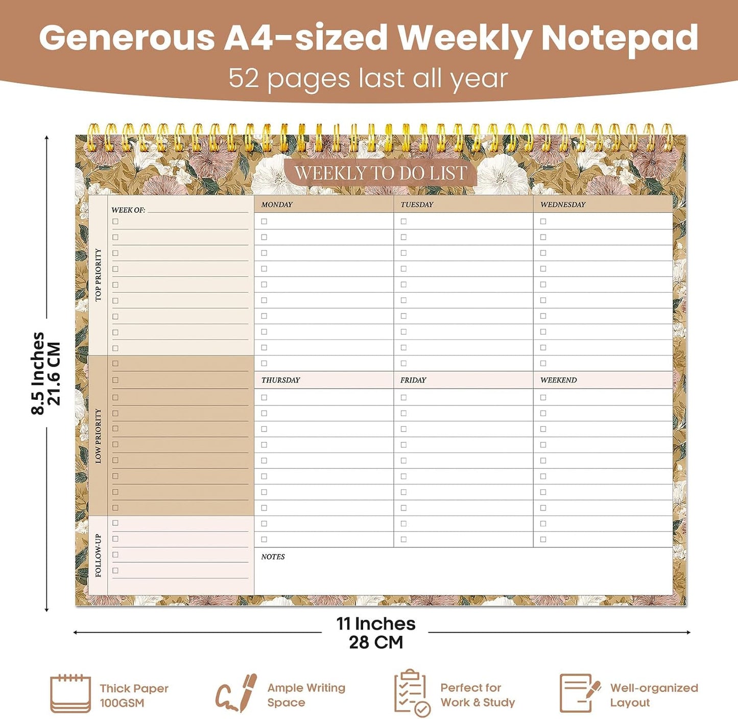 Weekly To Do List Notepad with 52 Undated Sheets（8.5"×11"）- Undated Weekly Planner Notepad for Office Desk Accessories and Supplies - Sunshine Petal
