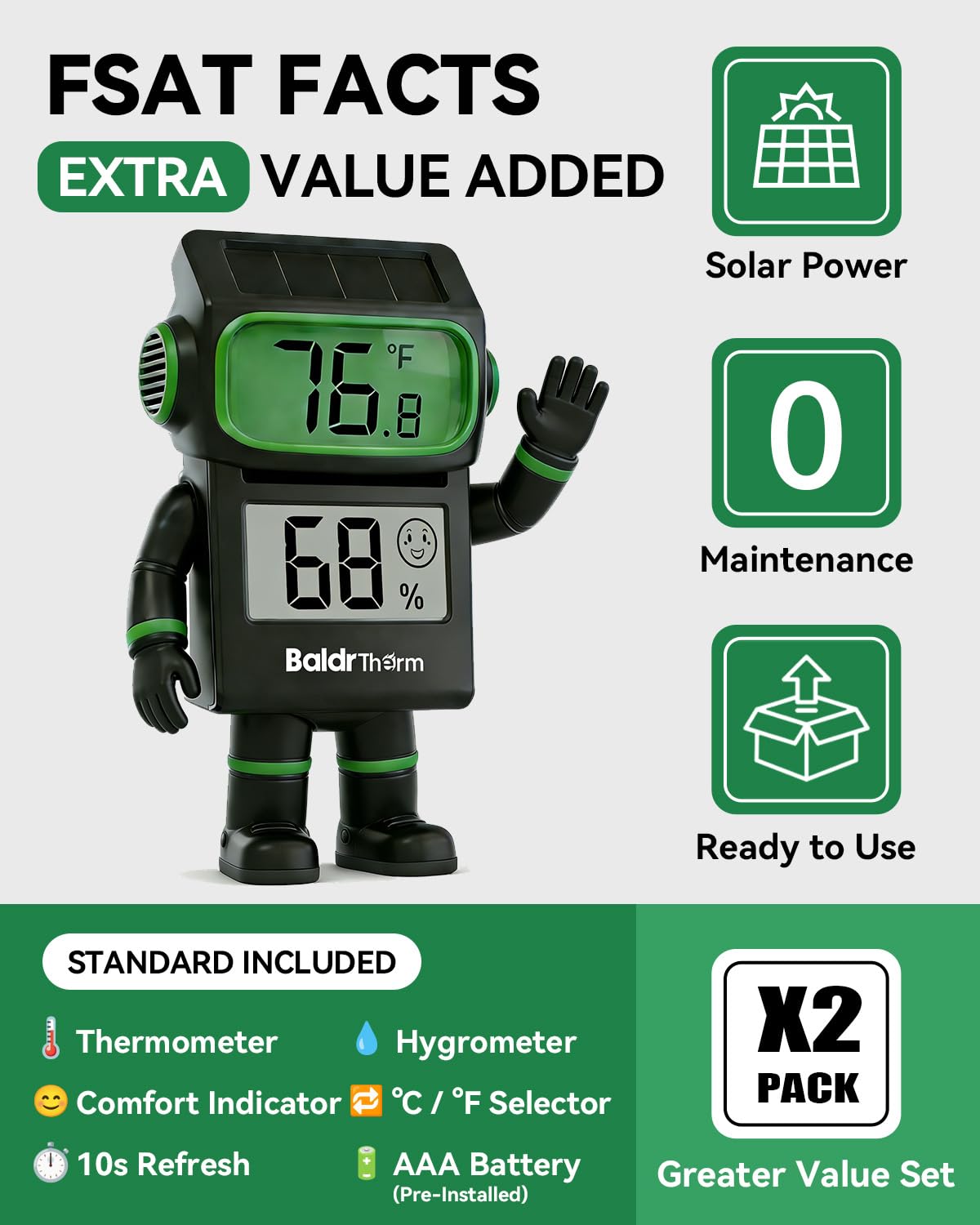 BALDR Digital Hygrometer Thermometer, Solar Humidity Monitor (White)