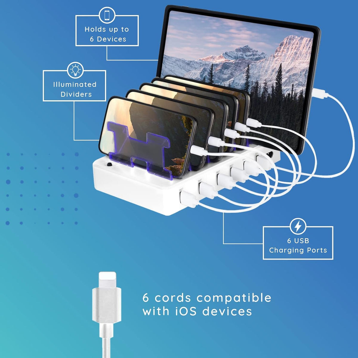 Fast Charging Station for Multiple Devices, 6-Port USB Charging Dock White