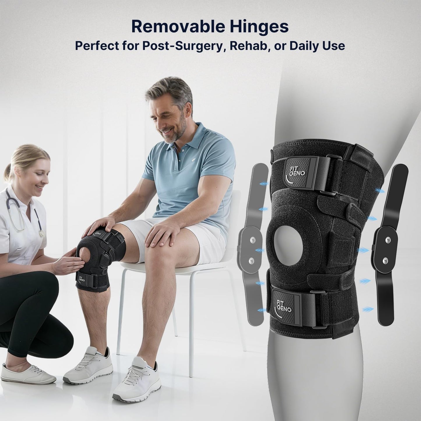Fit Geno Hinged Knee Brace for Meniscus Tear: Adjustable Knee Support for Knee Pain w/Side Stabilizers & Hinges for Injury or Surgery Recovery - Men and Women