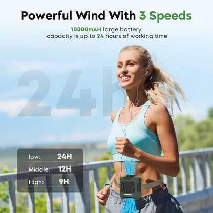 LOUISWARE Portable Waist Fan 10000mAh Rechargeable Waist Clip Fan 18000RPM With Max 12H Working Time 3-speed adjustment with LED flashlight Portable Fan for Outdoor Jobsite and etc