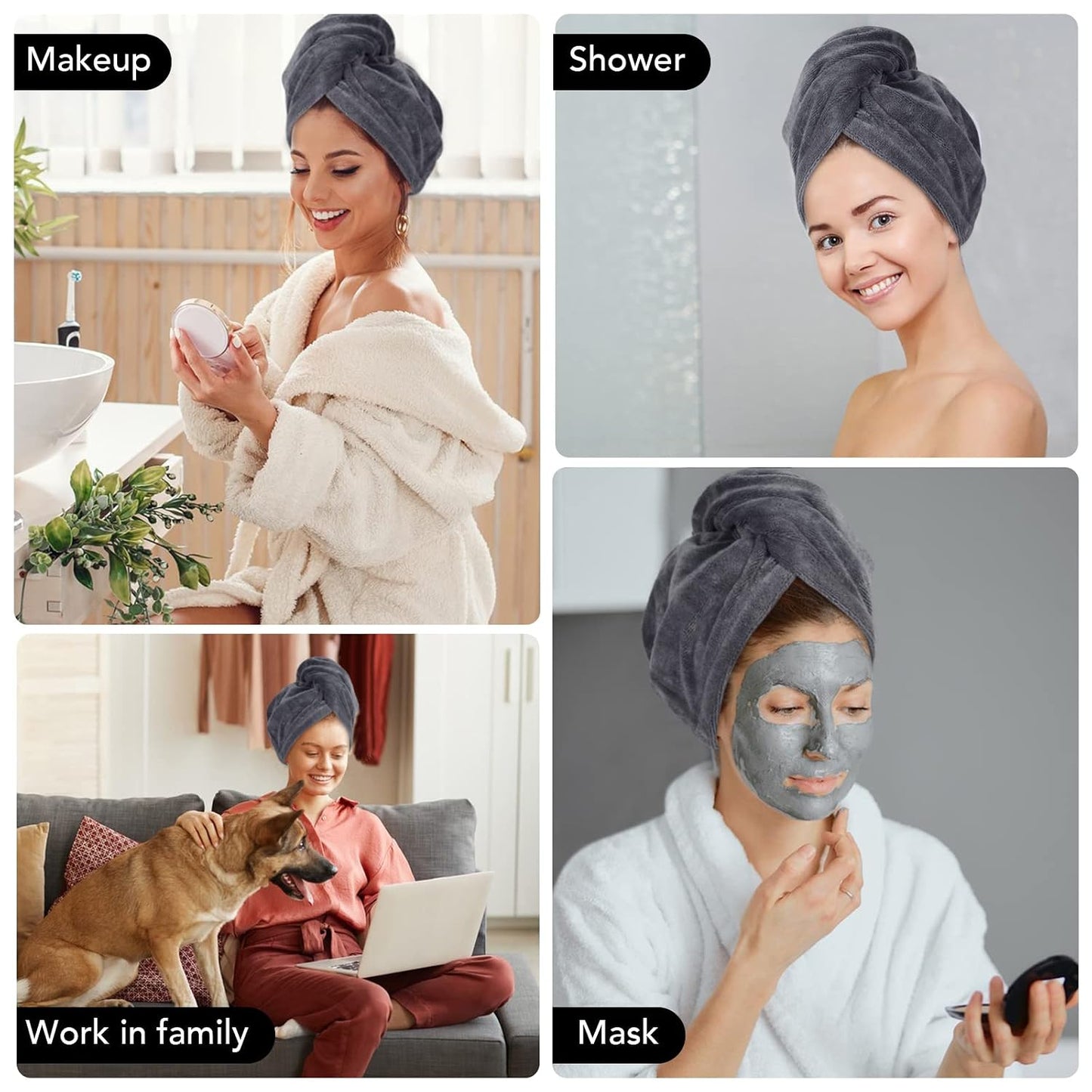 SINLAND Microfiber Hair Drying Cap Hair Towel Turban Twist for Women Fast Drying Towels Head Turban Absorbent Soft Lightweight 3 Pack Black